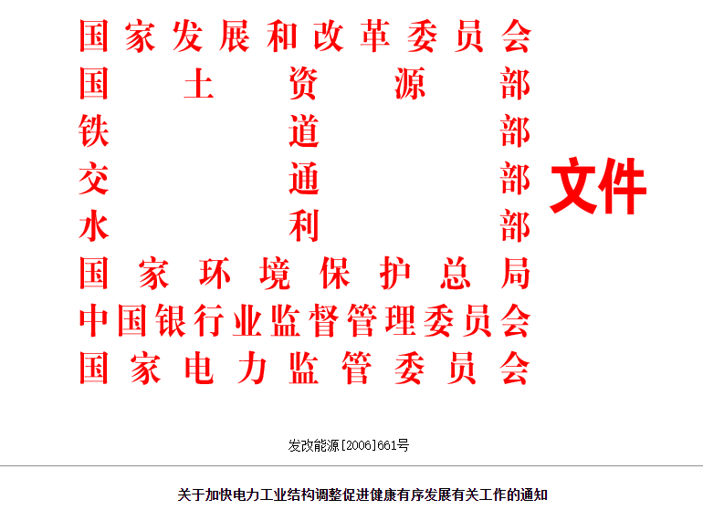 关于加快电力工业结构调整促进健康有序发展有关工作的通知(发改能源[2006]661号)